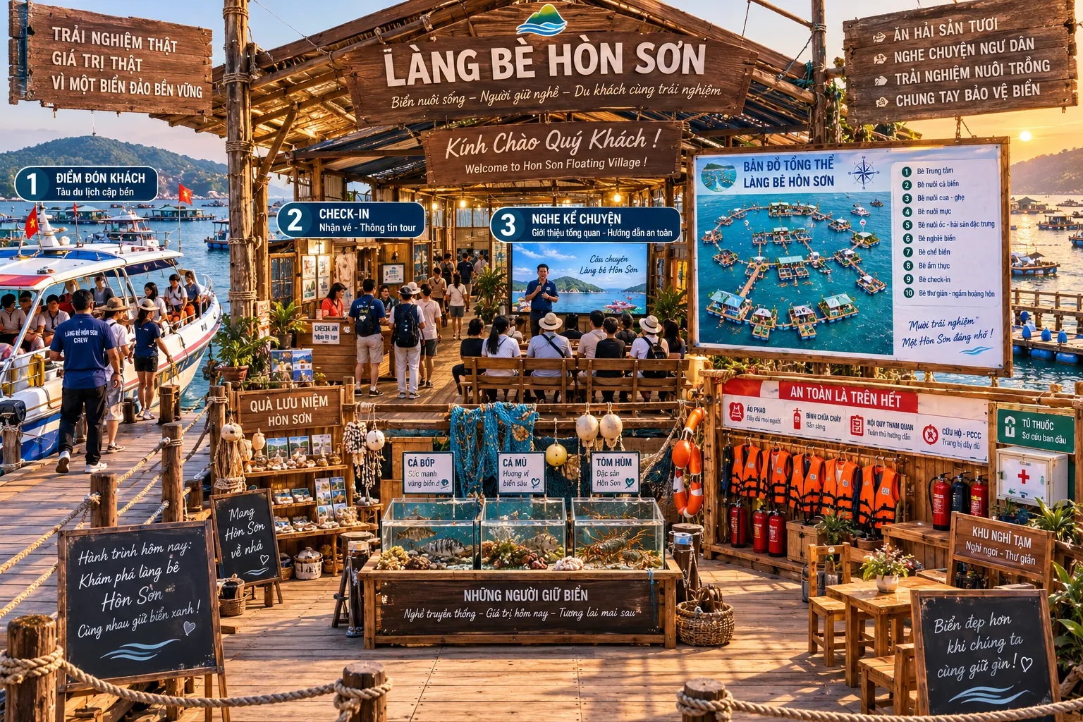 Phối cảnh bè trung tâm Làng Bè Hòn Sơn với biển hiệu, quầy đón khách và khu trang bị an toàn